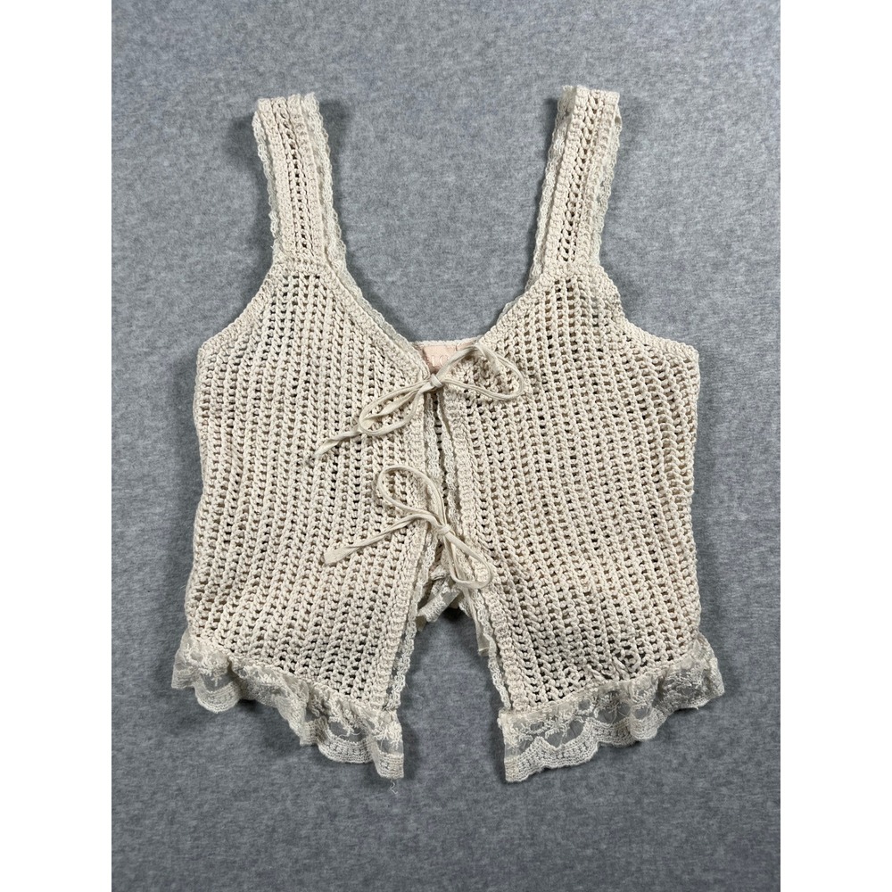 Crochet Tie Front Top Womens M Cream Lace Boho Western Rodeo Concert Festival
